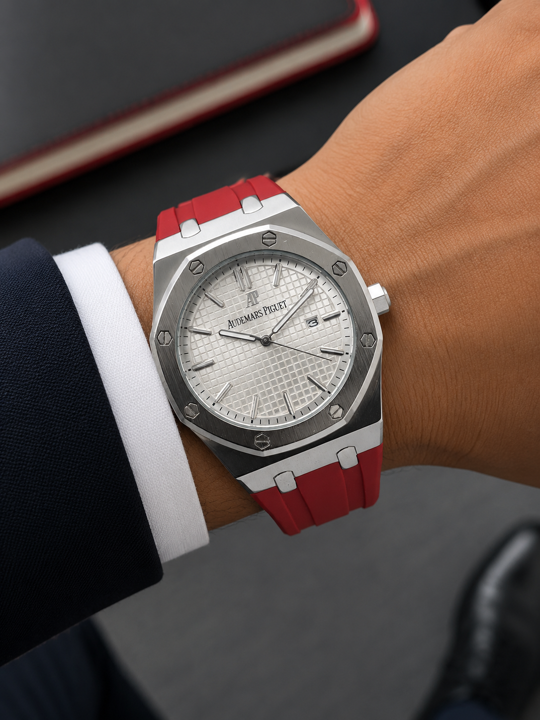 AP QUARTZ , WHITE DIAL WITH RED SILICON STRAP