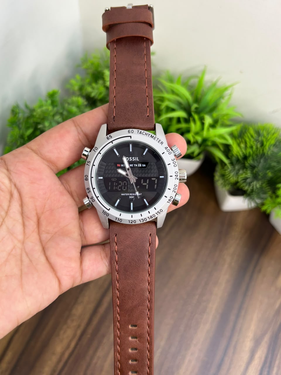FOSSIL ANALOG + DIGITAL, BROWN STRAP