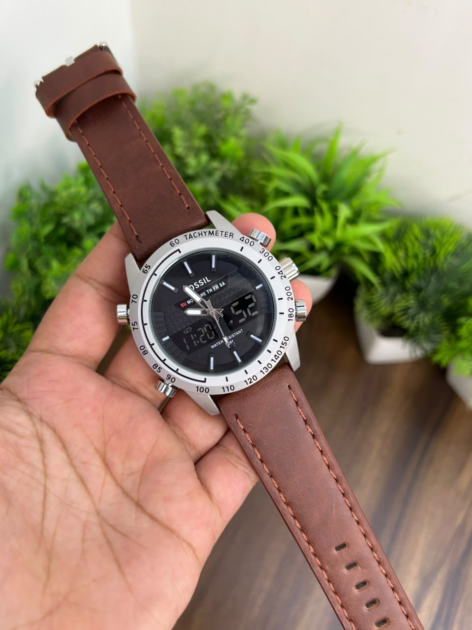 FOSSIL ANALOG + DIGITAL, BROWN STRAP