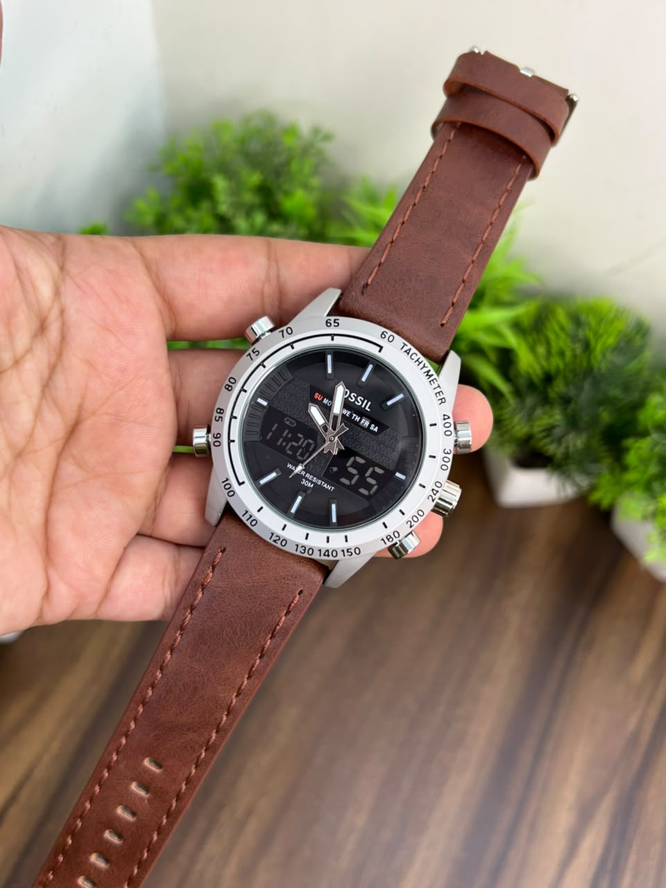 FOSSIL ANALOG + DIGITAL, BROWN STRAP