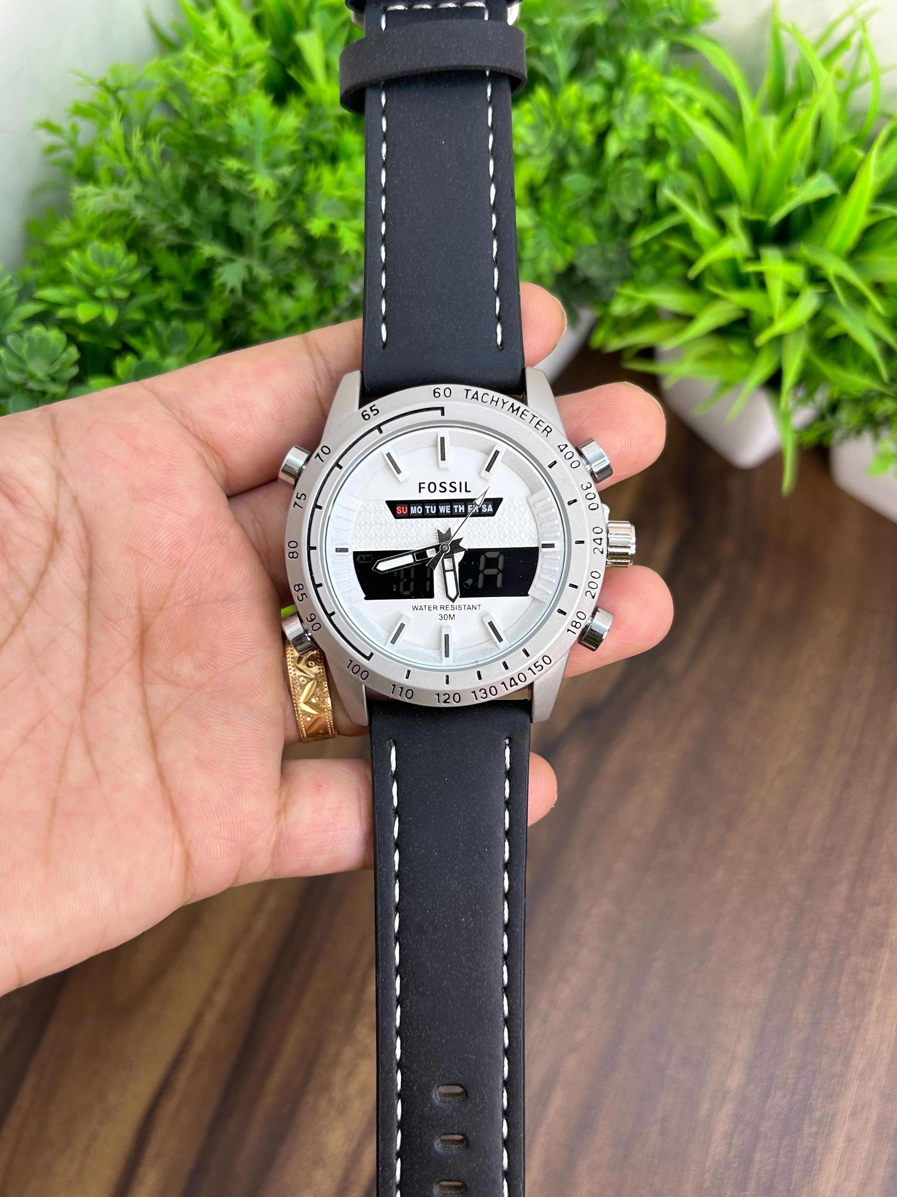 FOSSIL ANALOG + DIGITAL, WHITE WITH BLACK