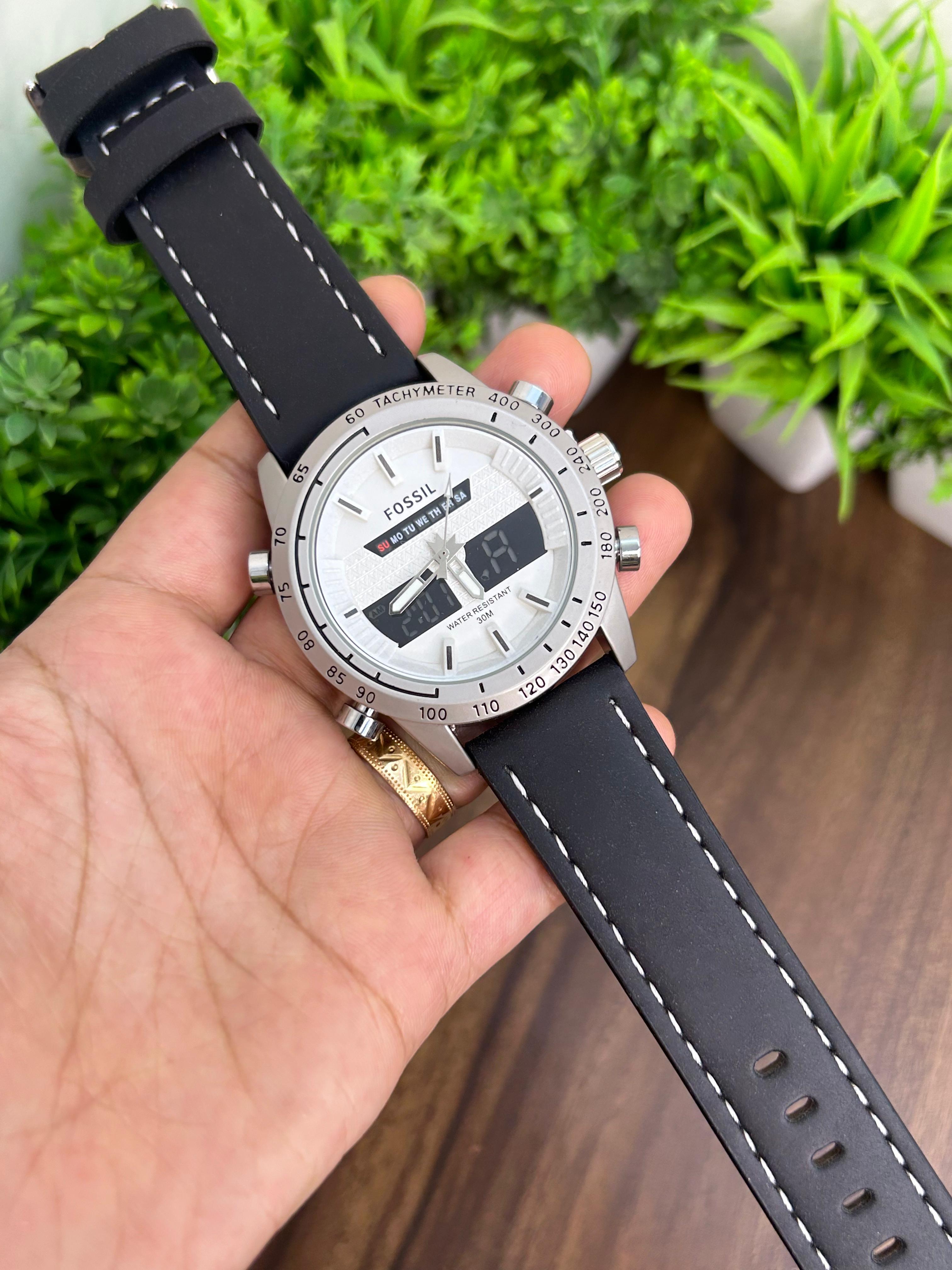 FOSSIL ANALOG + DIGITAL, WHITE WITH BLACK