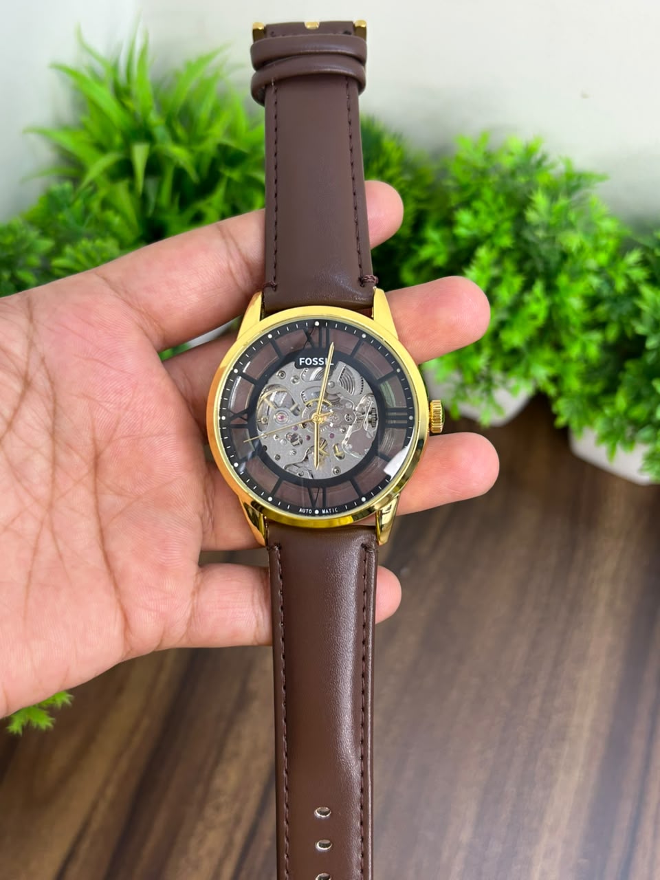 FOSSIL AUTOMATIC, GOLD WITH BROWN STRAP