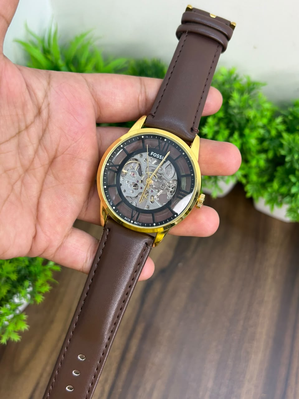 FOSSIL AUTOMATIC, GOLD WITH BROWN STRAP