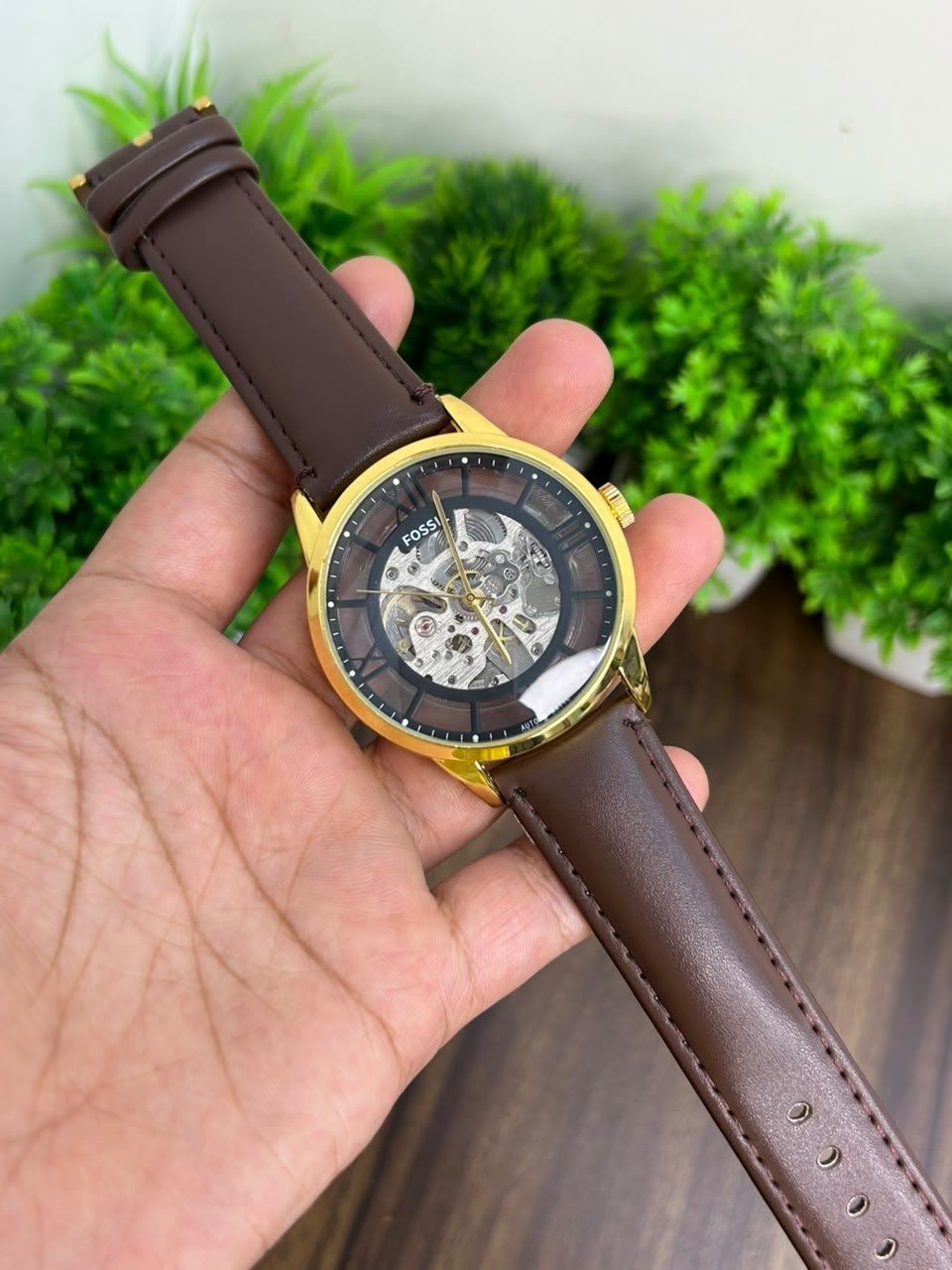 FOSSIL AUTOMATIC, GOLD WITH BROWN STRAP