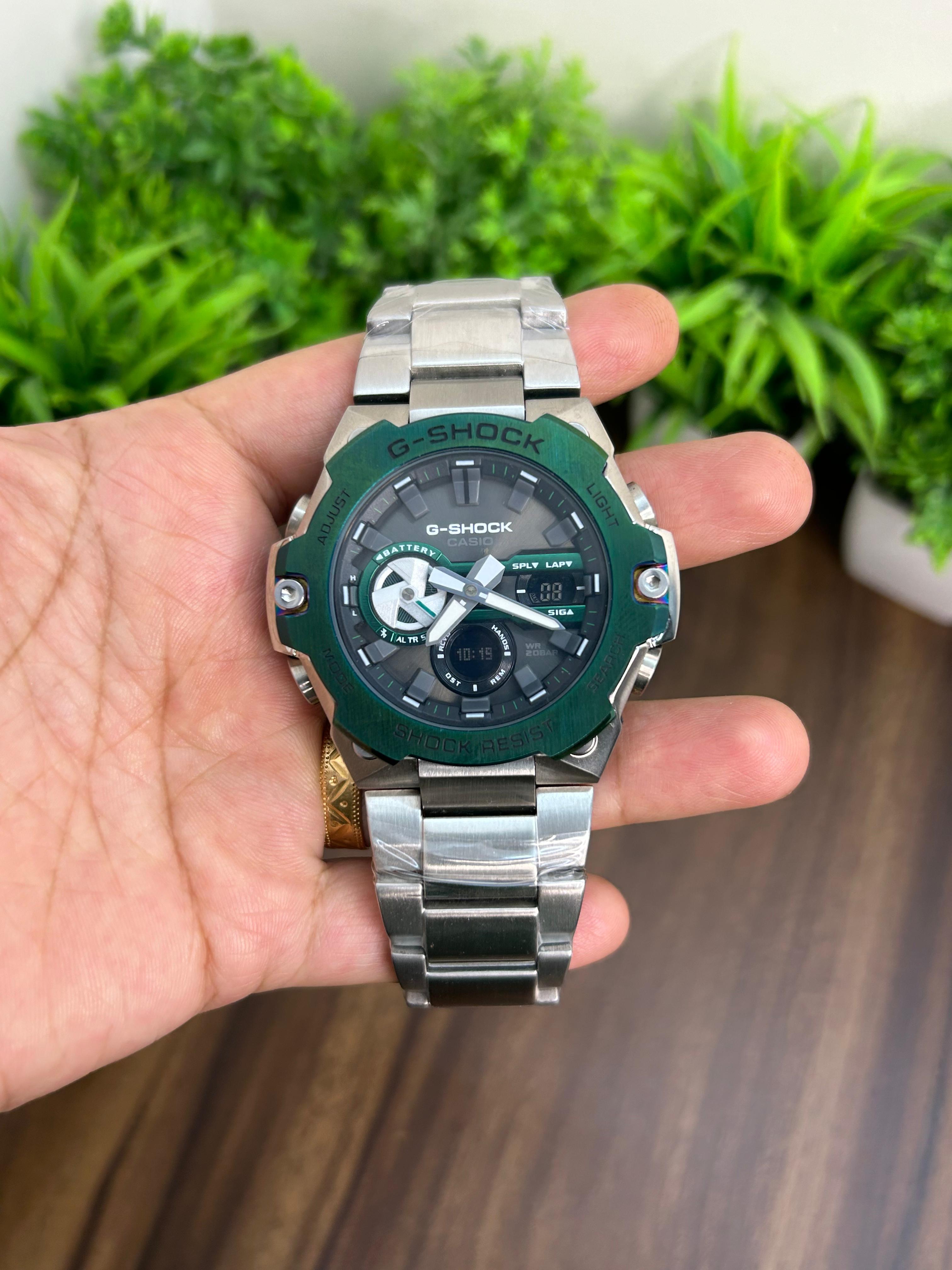 G-SHOCK GST-B400CD-1A, GREEN DIAL WITH SILVER CHAIN