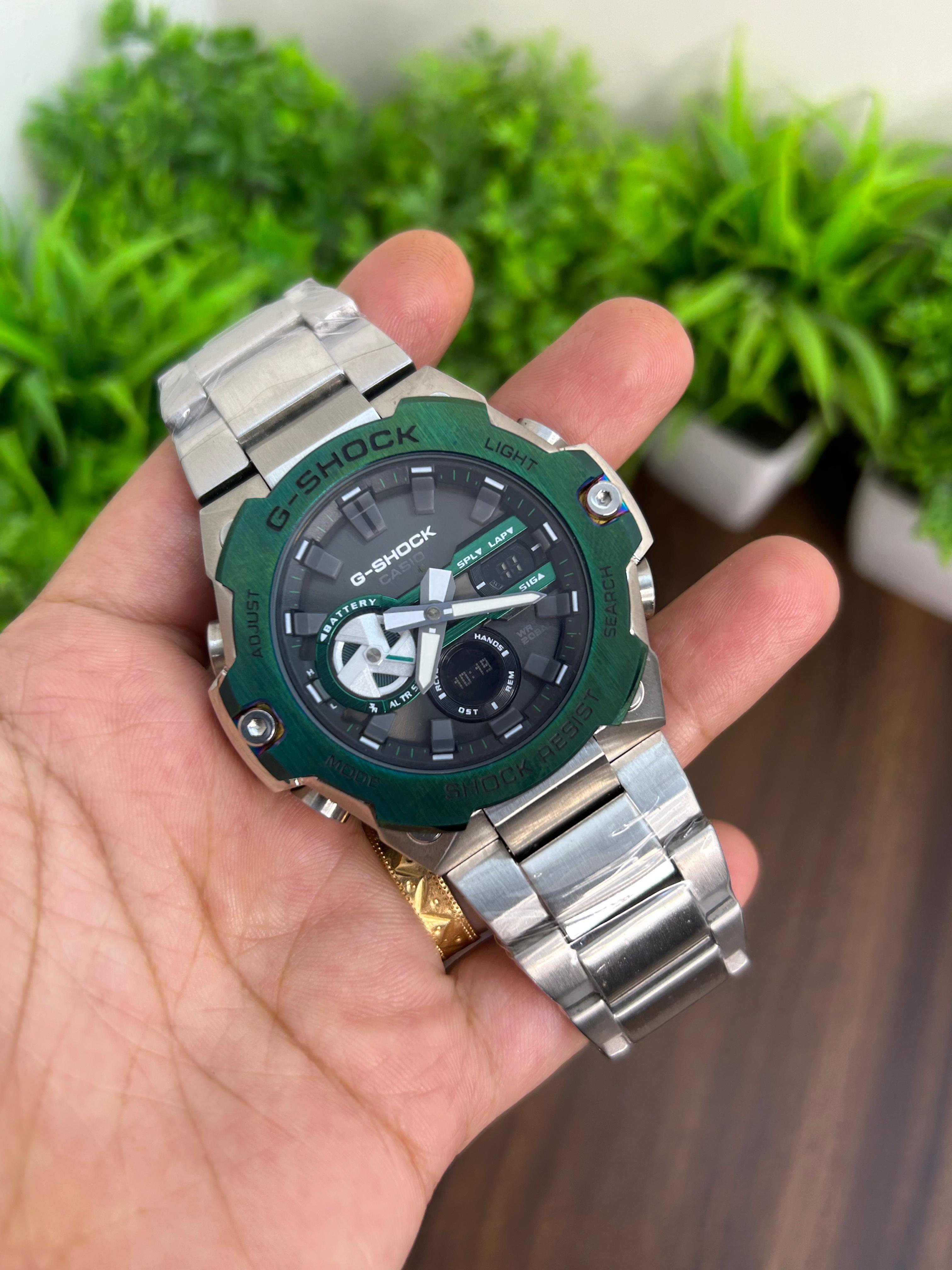 G-SHOCK GST-B400CD-1A, GREEN DIAL WITH SILVER CHAIN