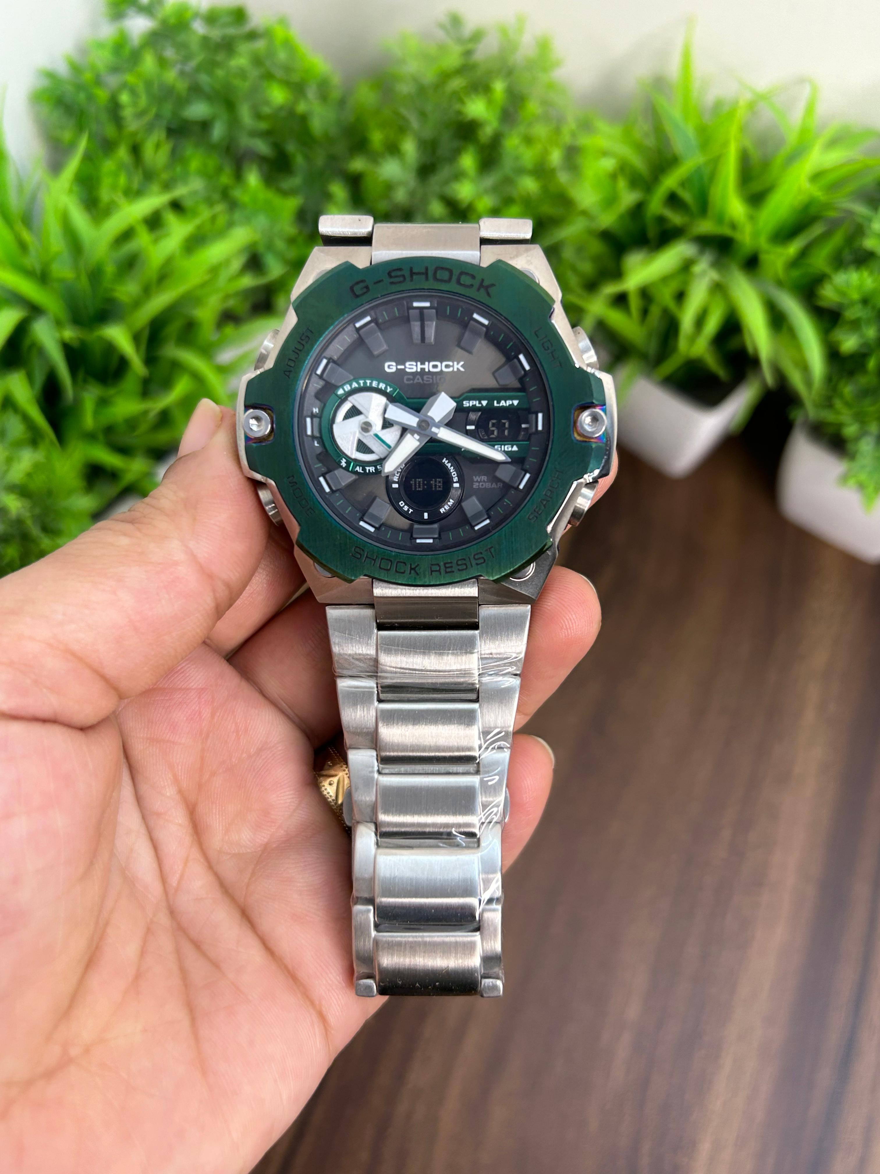 G-SHOCK GST-B400CD-1A, GREEN DIAL WITH SILVER CHAIN