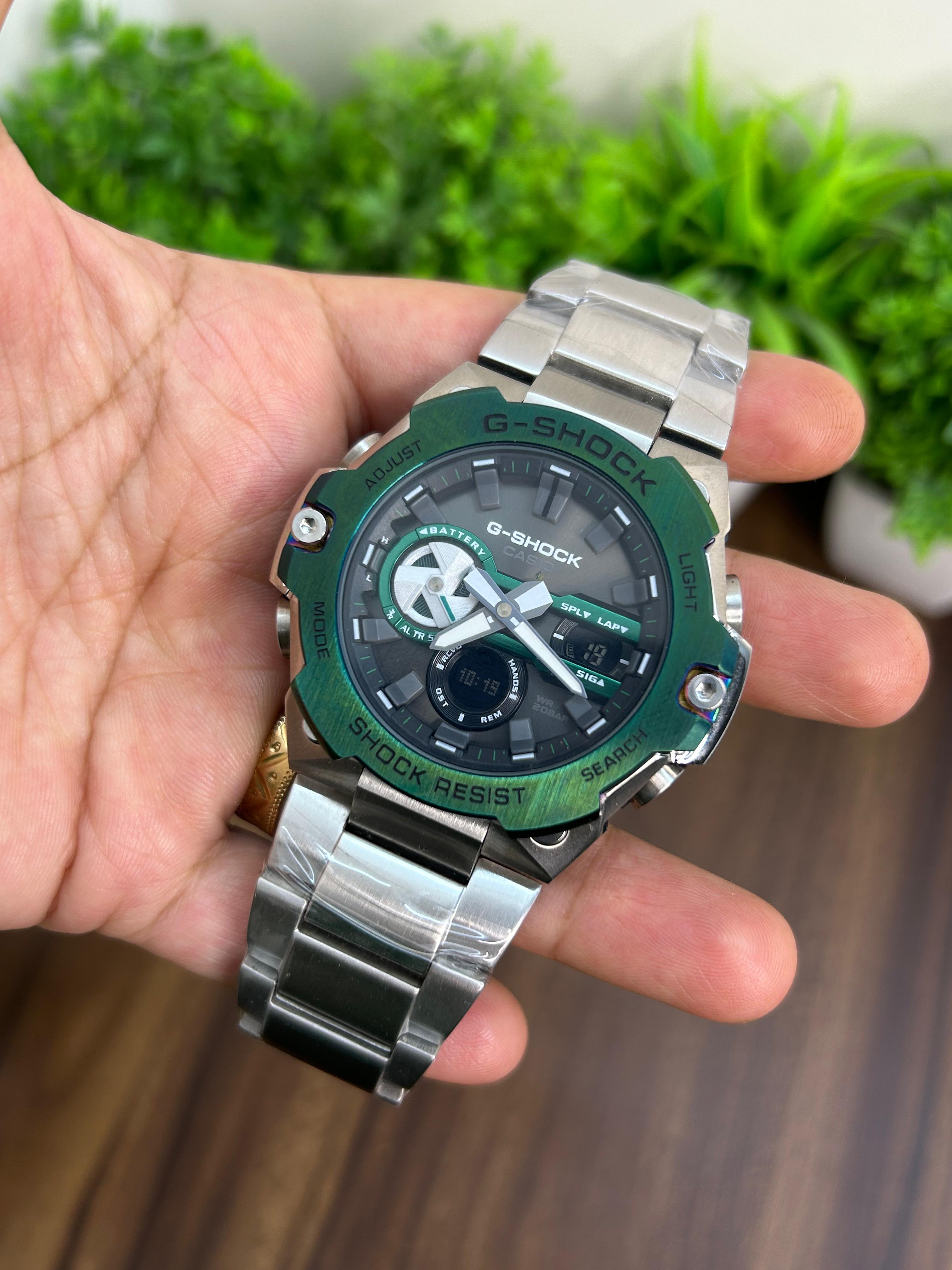 G-SHOCK GST-B400CD-1A, GREEN DIAL WITH SILVER CHAIN