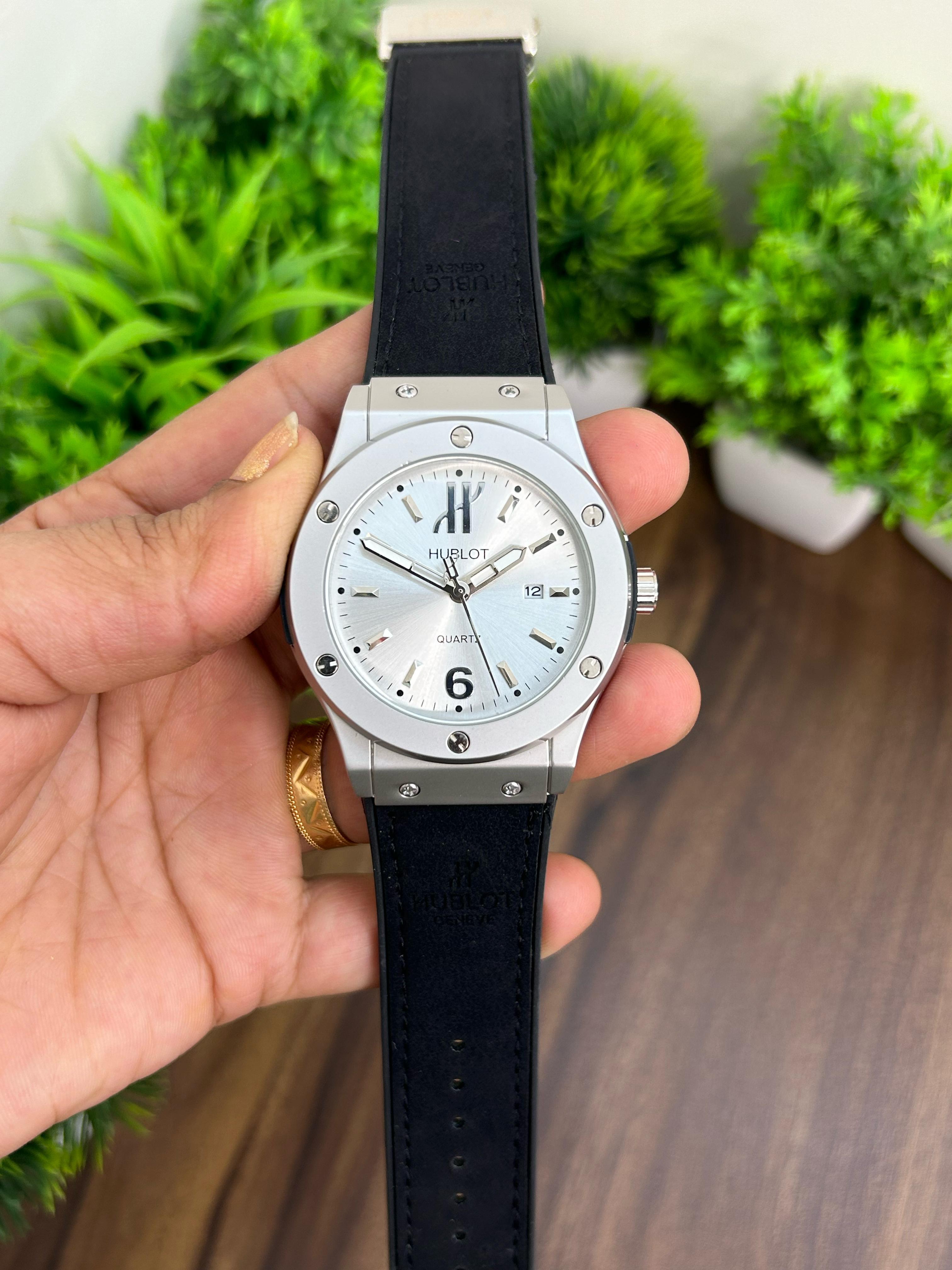 HUBLOT, WHITE WITH BLACK STRAP