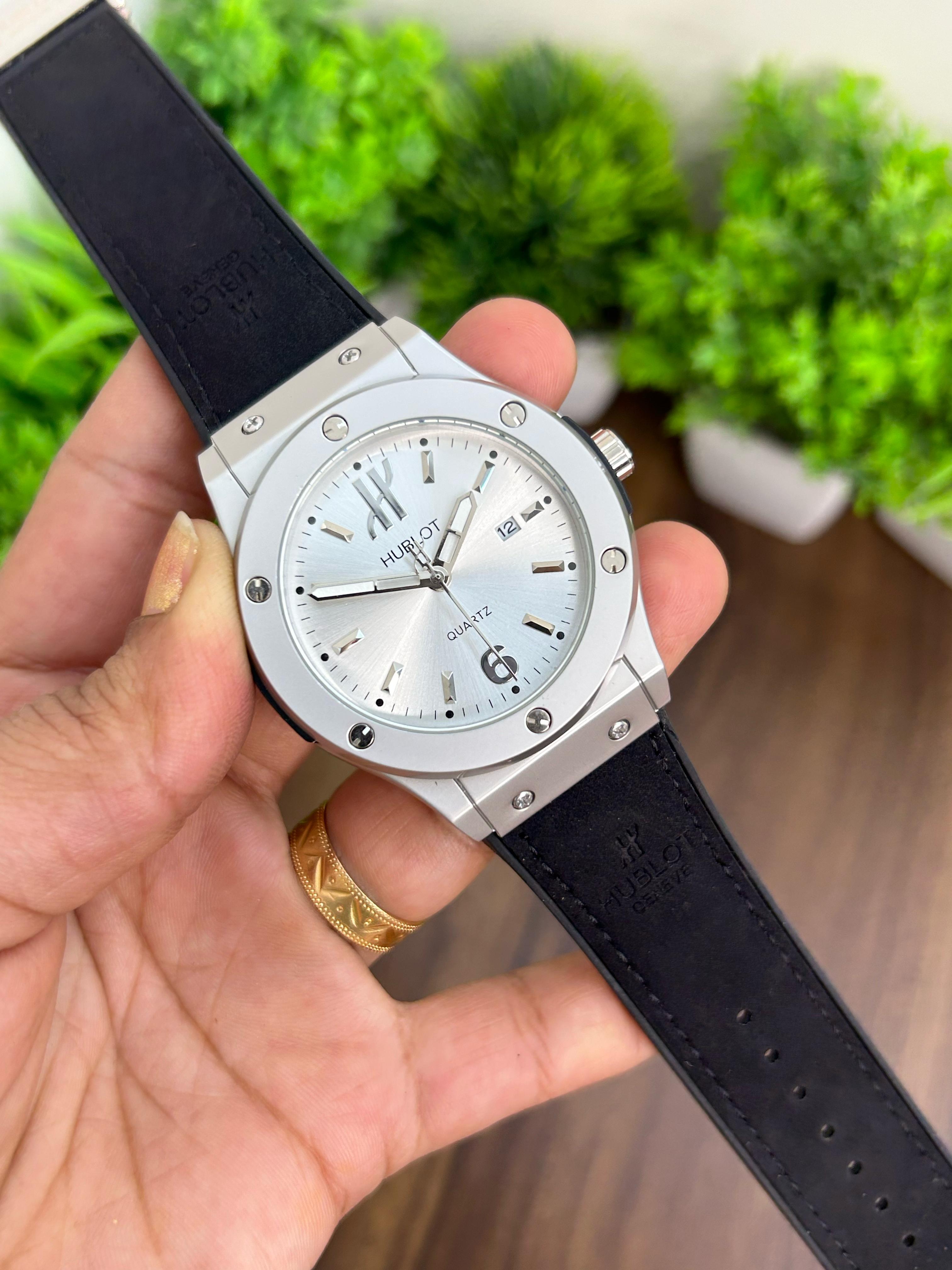 HUBLOT, WHITE WITH BLACK STRAP