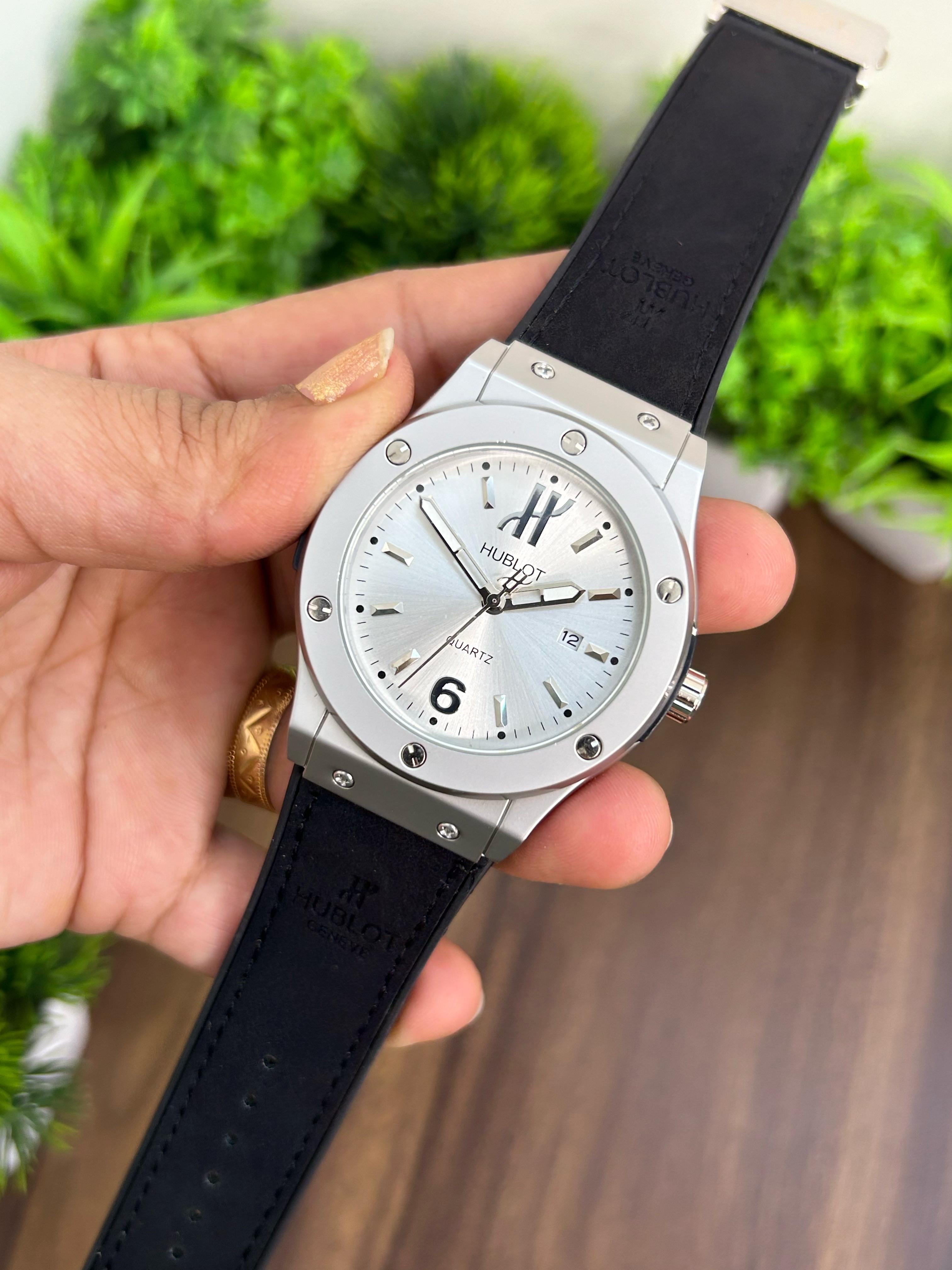 HUBLOT, WHITE WITH BLACK STRAP