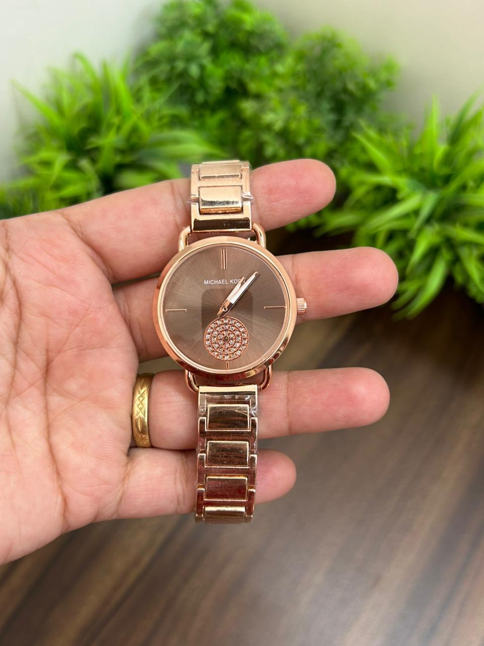 MK PORTIA FOR LADIES, BROWN DIAL WITH ROSE GOLD CHAIN