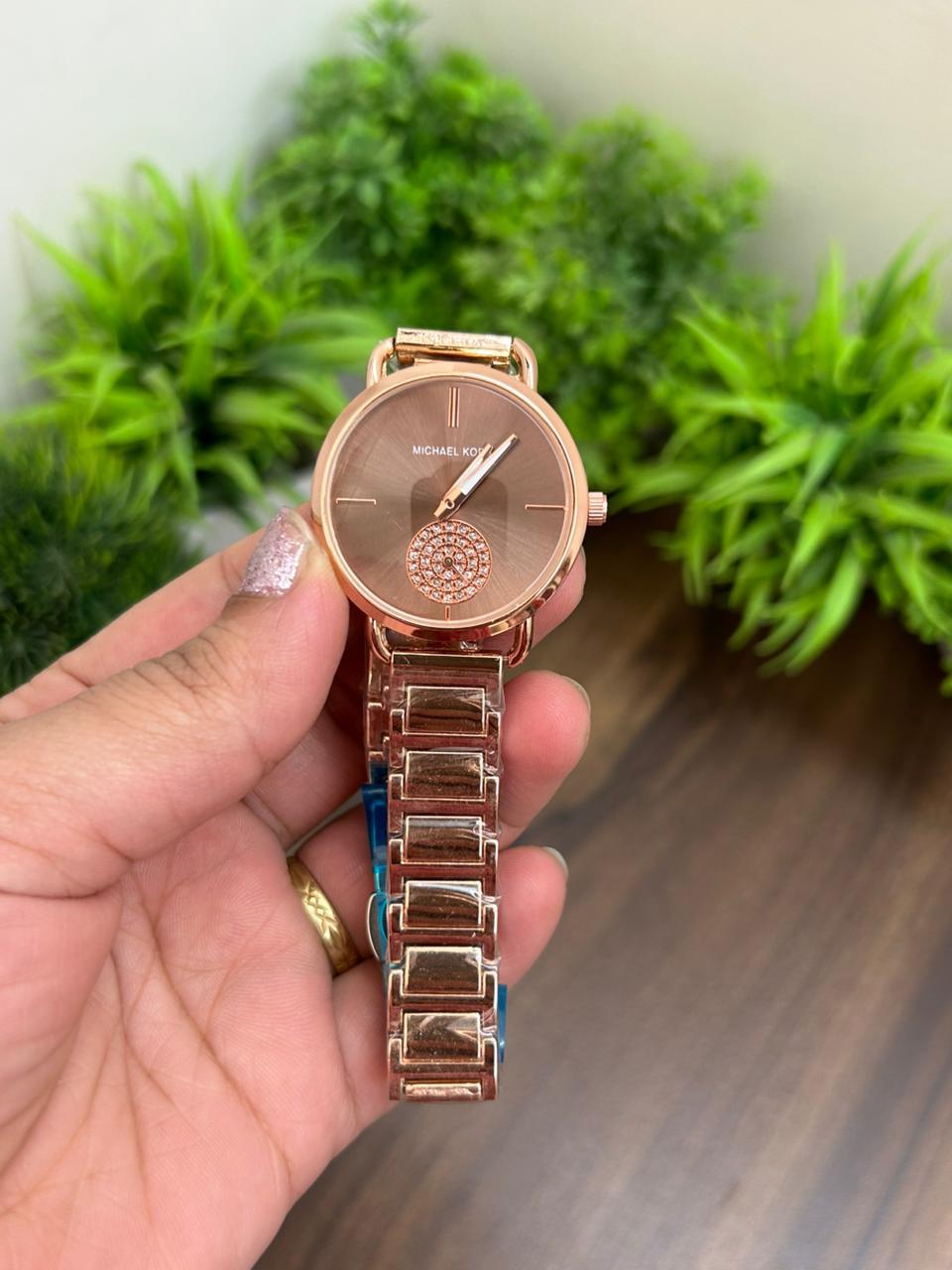 MK PORTIA FOR LADIES, BROWN DIAL WITH ROSE GOLD CHAIN