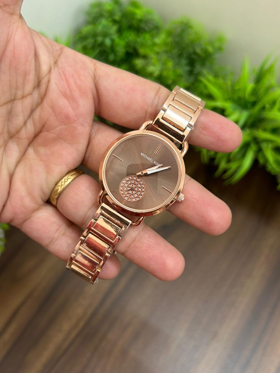 MK PORTIA FOR LADIES, BROWN DIAL WITH ROSE GOLD CHAIN