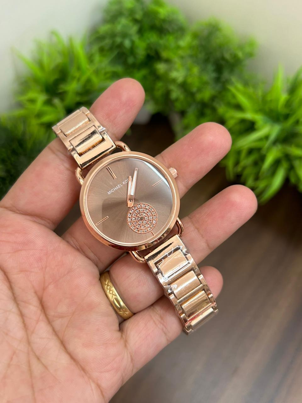 MK PORTIA FOR LADIES, BROWN DIAL WITH ROSE GOLD CHAIN