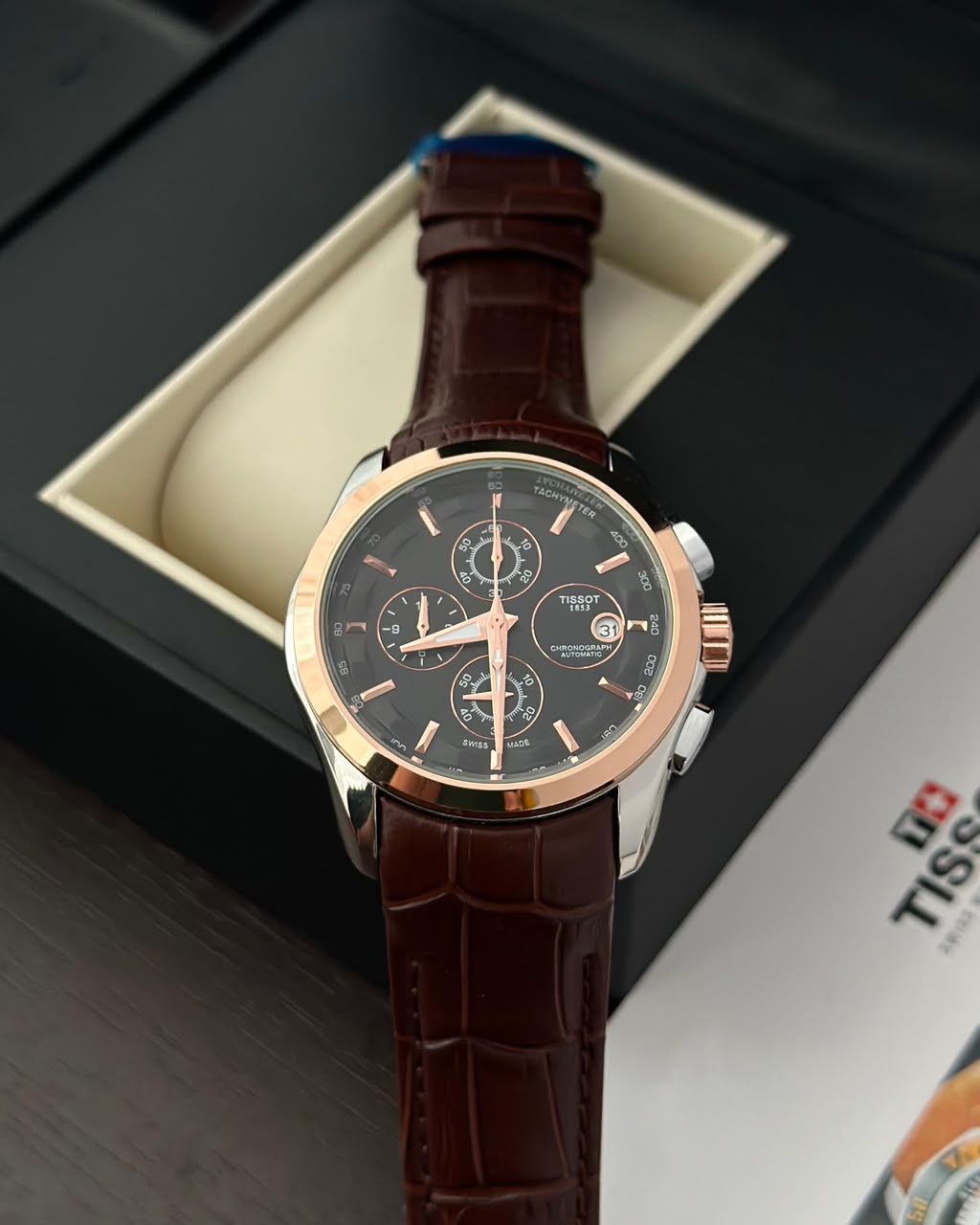 TISSOT COUTURIER 1853, BROWN STRAP WITH SILVER BODY BLACK DIAL