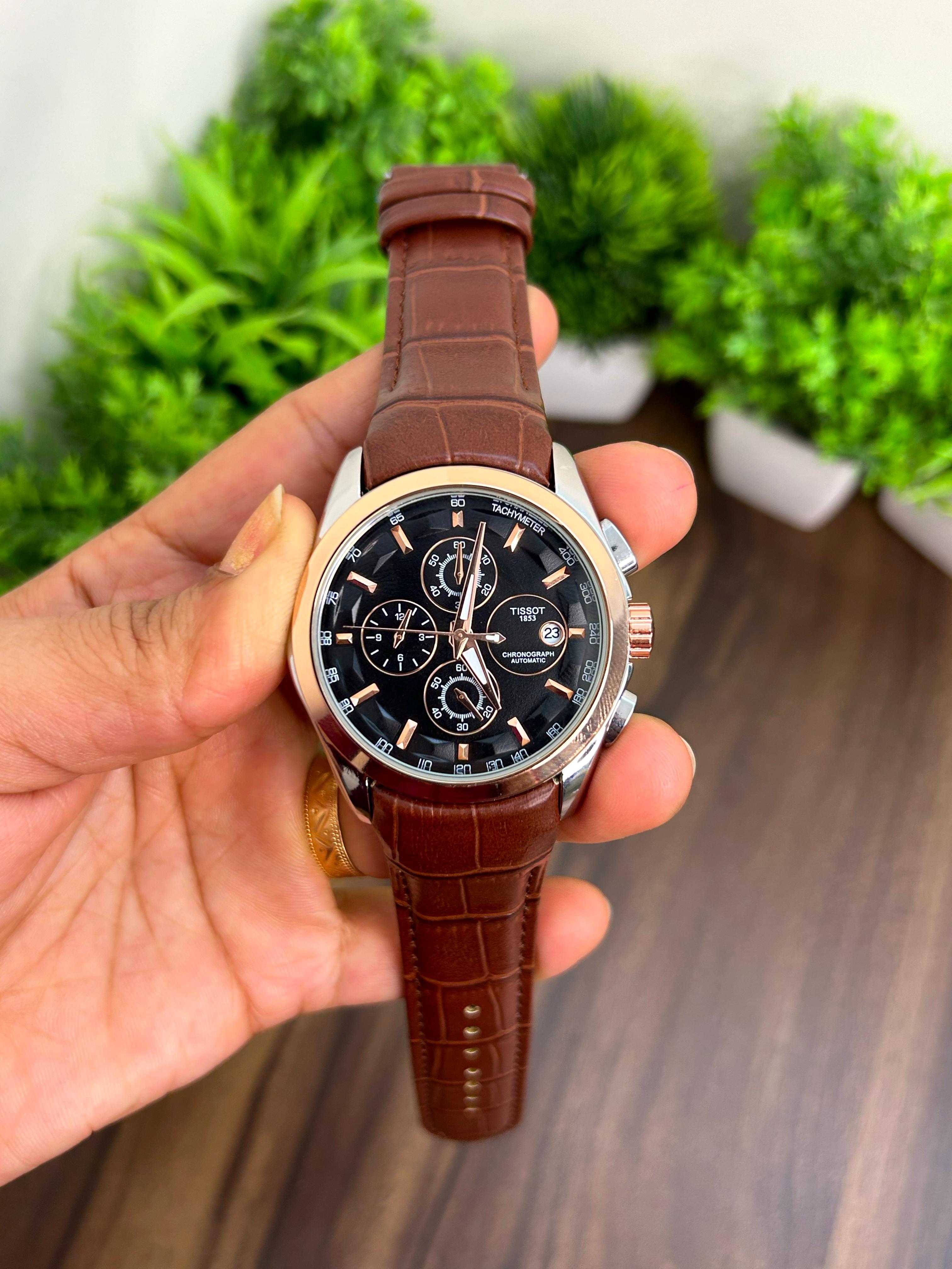 TISSOT COUTURIER 1853, BROWN STRAP WITH SILVER BODY BLACK DIAL