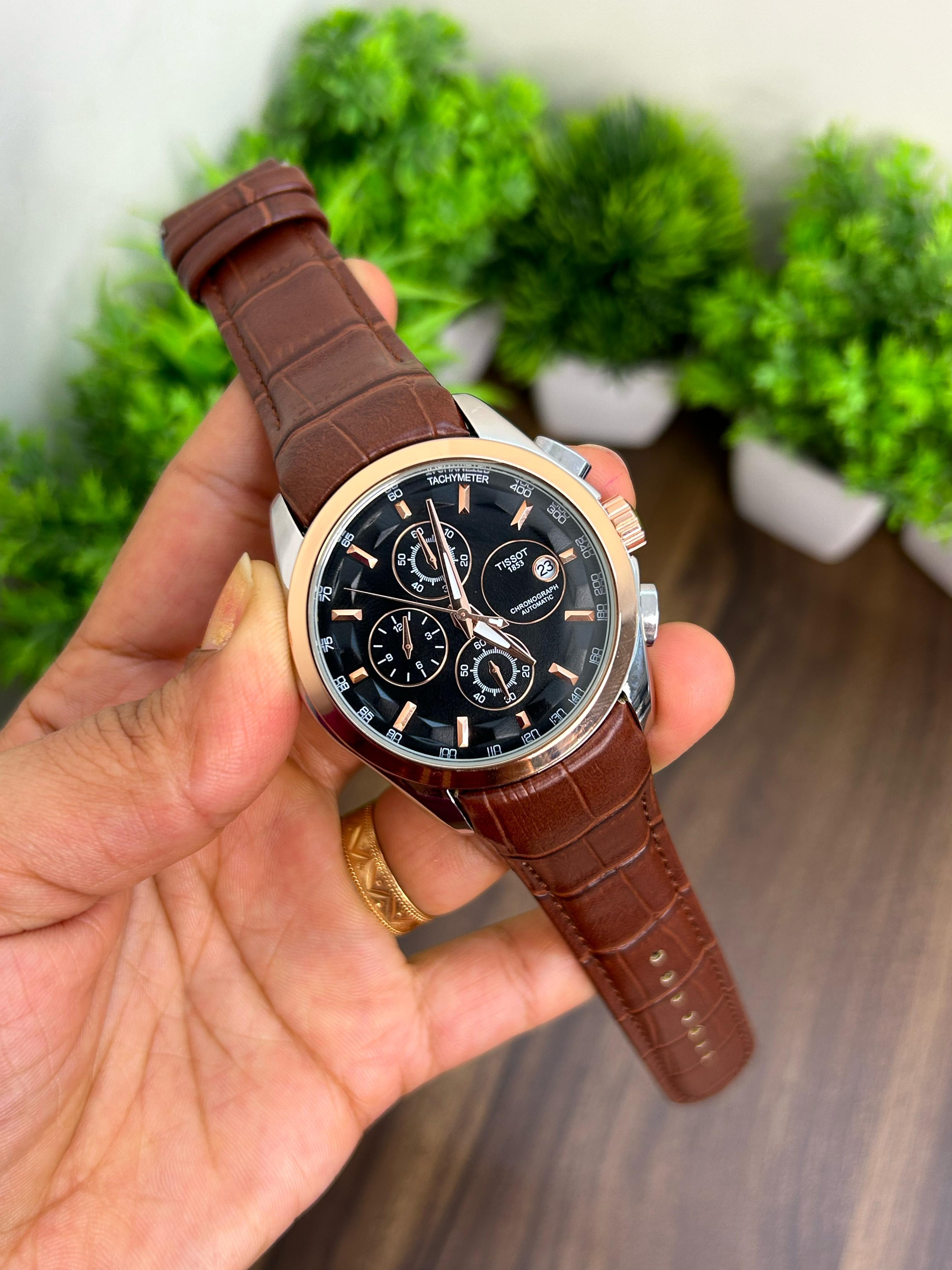 TISSOT COUTURIER 1853, BROWN STRAP WITH SILVER BODY BLACK DIAL