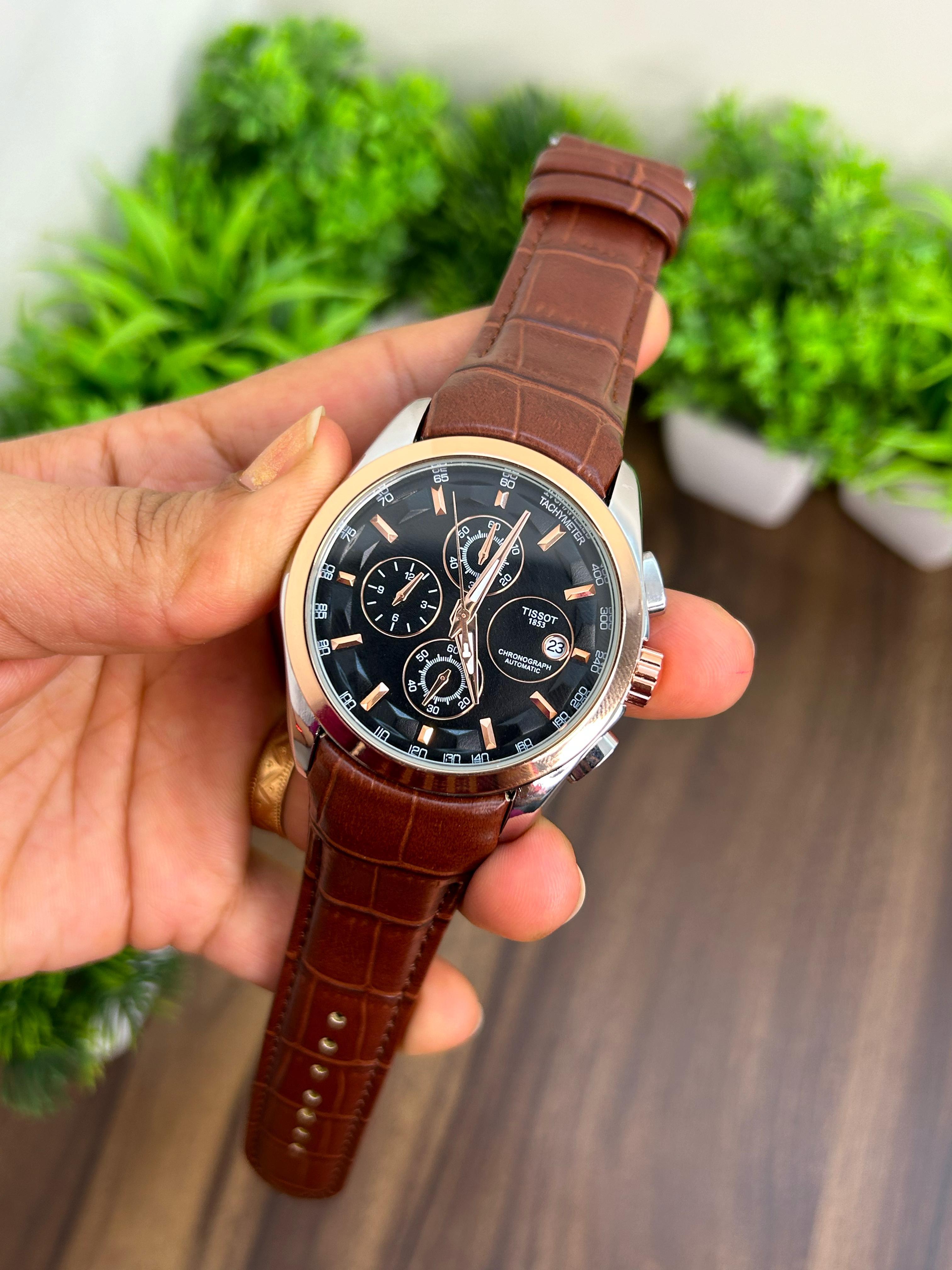 TISSOT COUTURIER 1853, BROWN STRAP WITH SILVER BODY BLACK DIAL