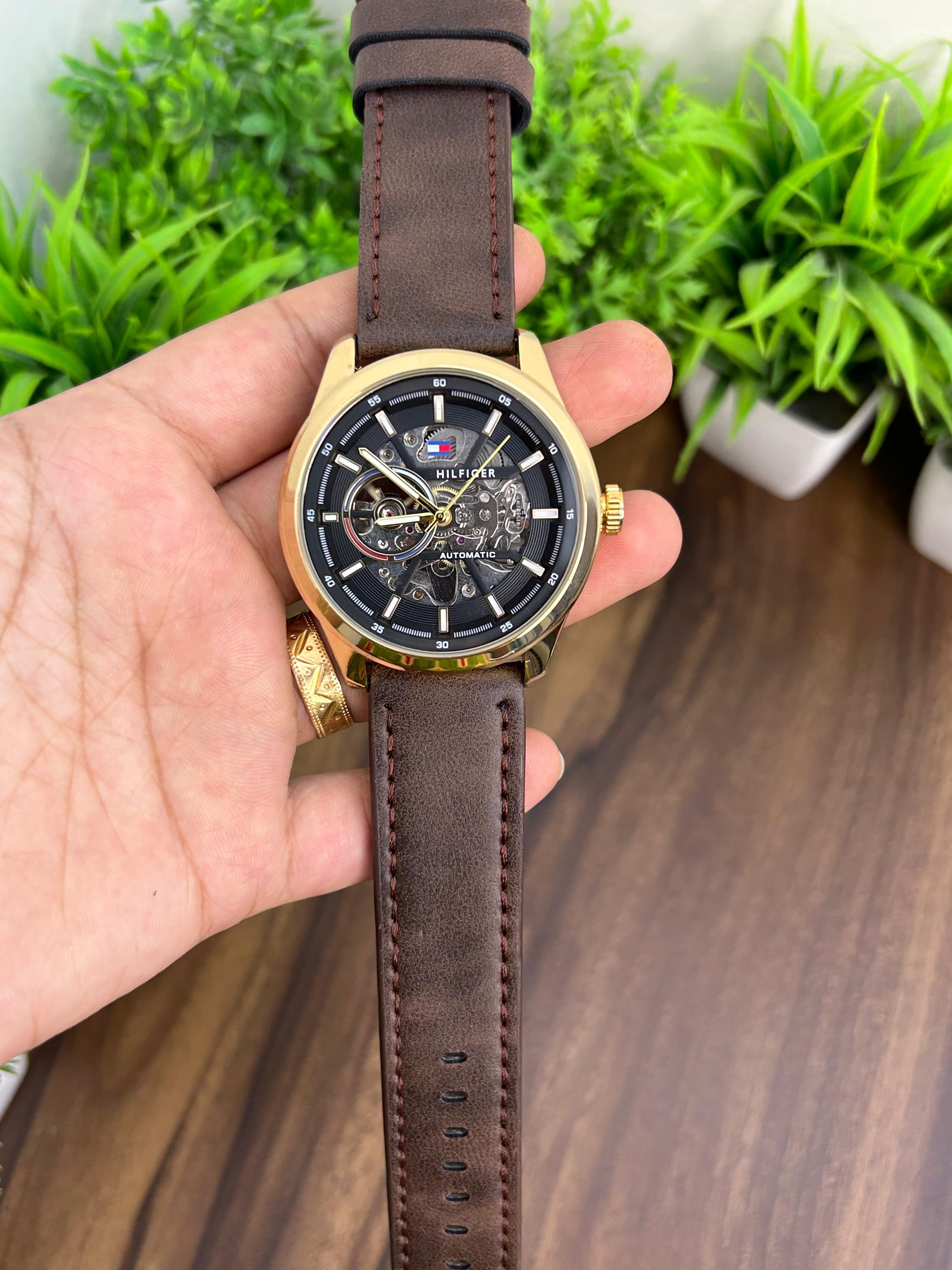 TOMMY HILFIGER AUTOMATIC, BROWN LEATHER STRAP 7007