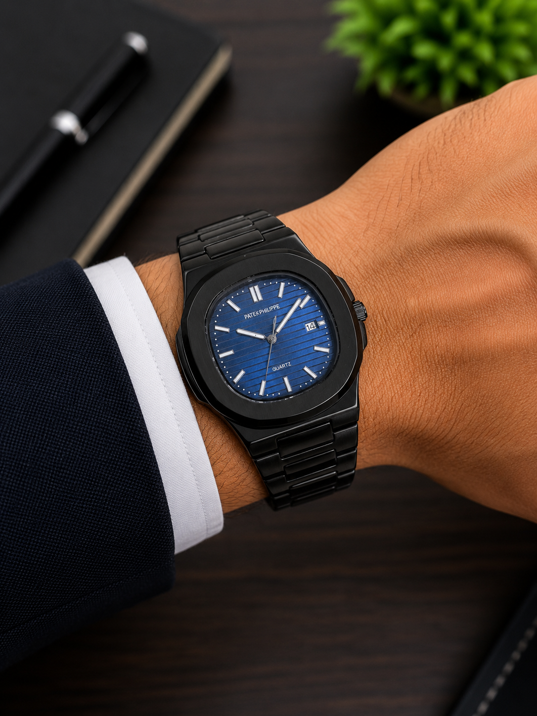 PP QUARTZ, BLACK WITH BLUE DIAL