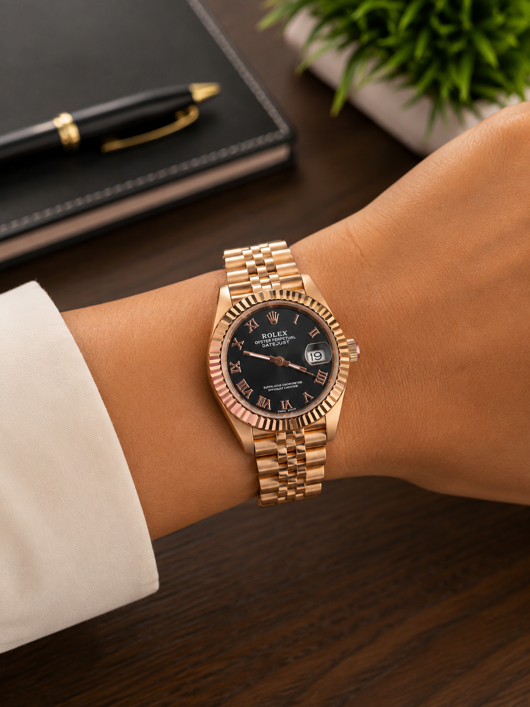 ROLEX FOR LADIES, ROSE GOLD WITH BLACK DIAL