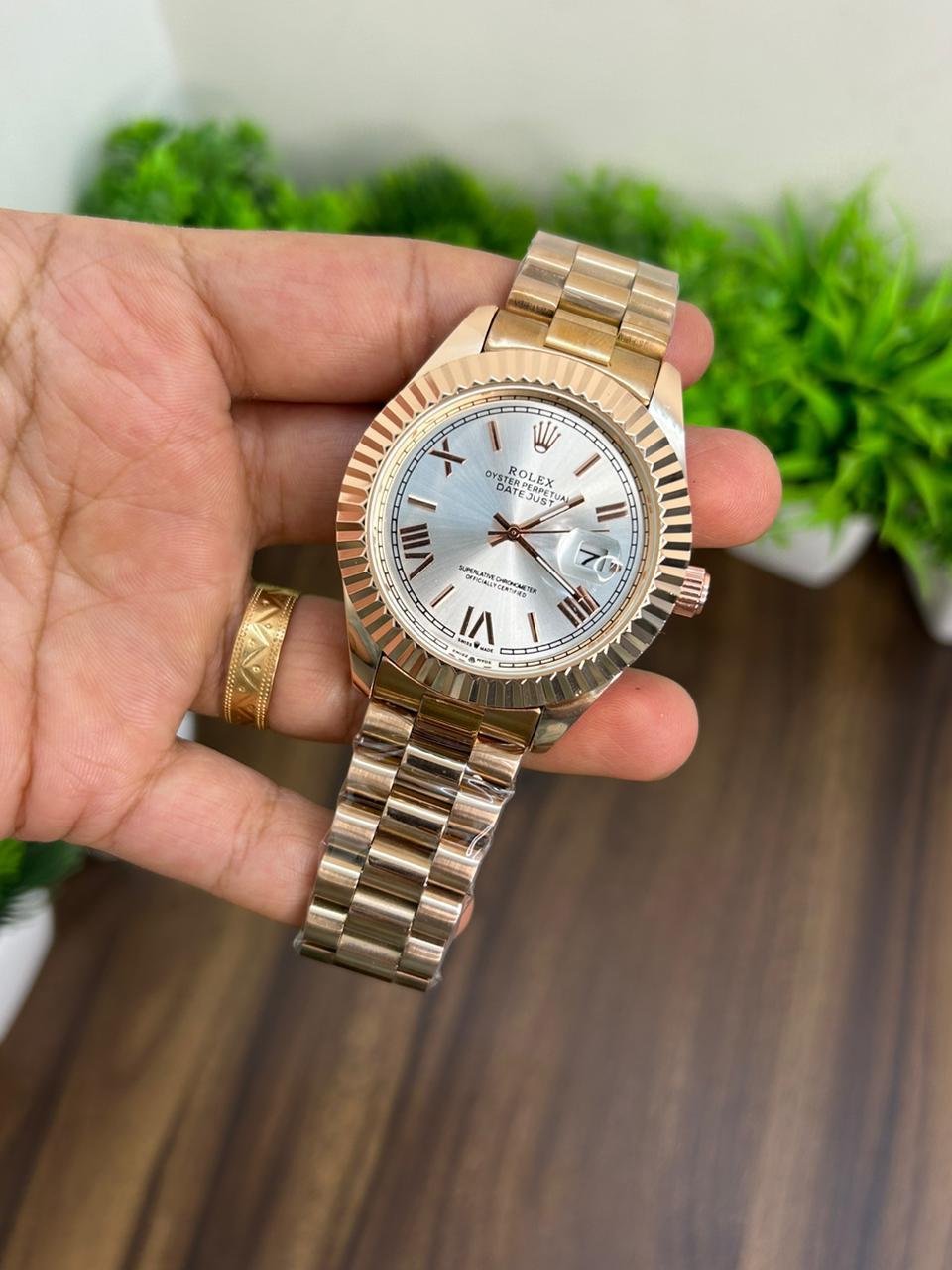 ROLEX, WHITE WITH ROSE GOLD CHAIN