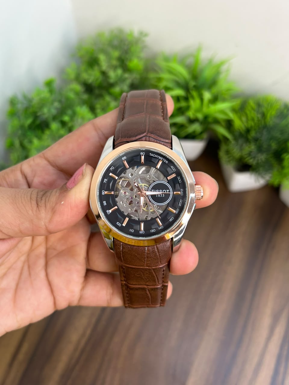 TISSOT AUTOMATIC, BLACK WITH BROWN STRAP