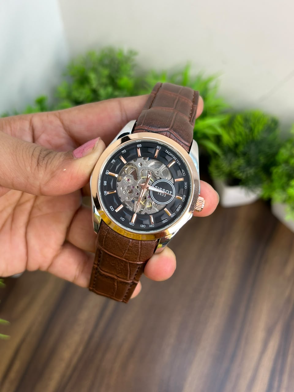 TISSOT AUTOMATIC, BLACK WITH BROWN STRAP