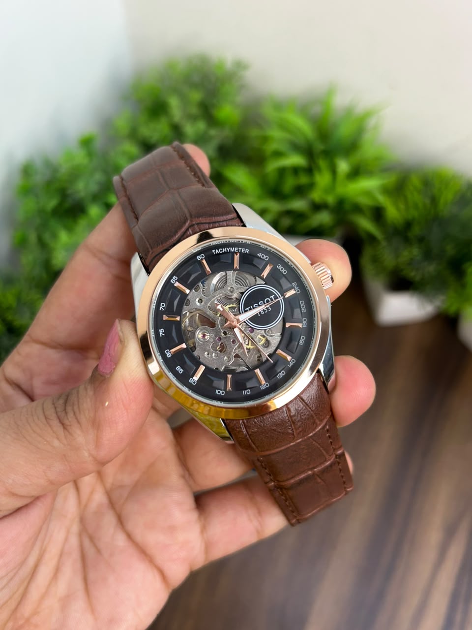 TISSOT AUTOMATIC, BLACK WITH BROWN STRAP