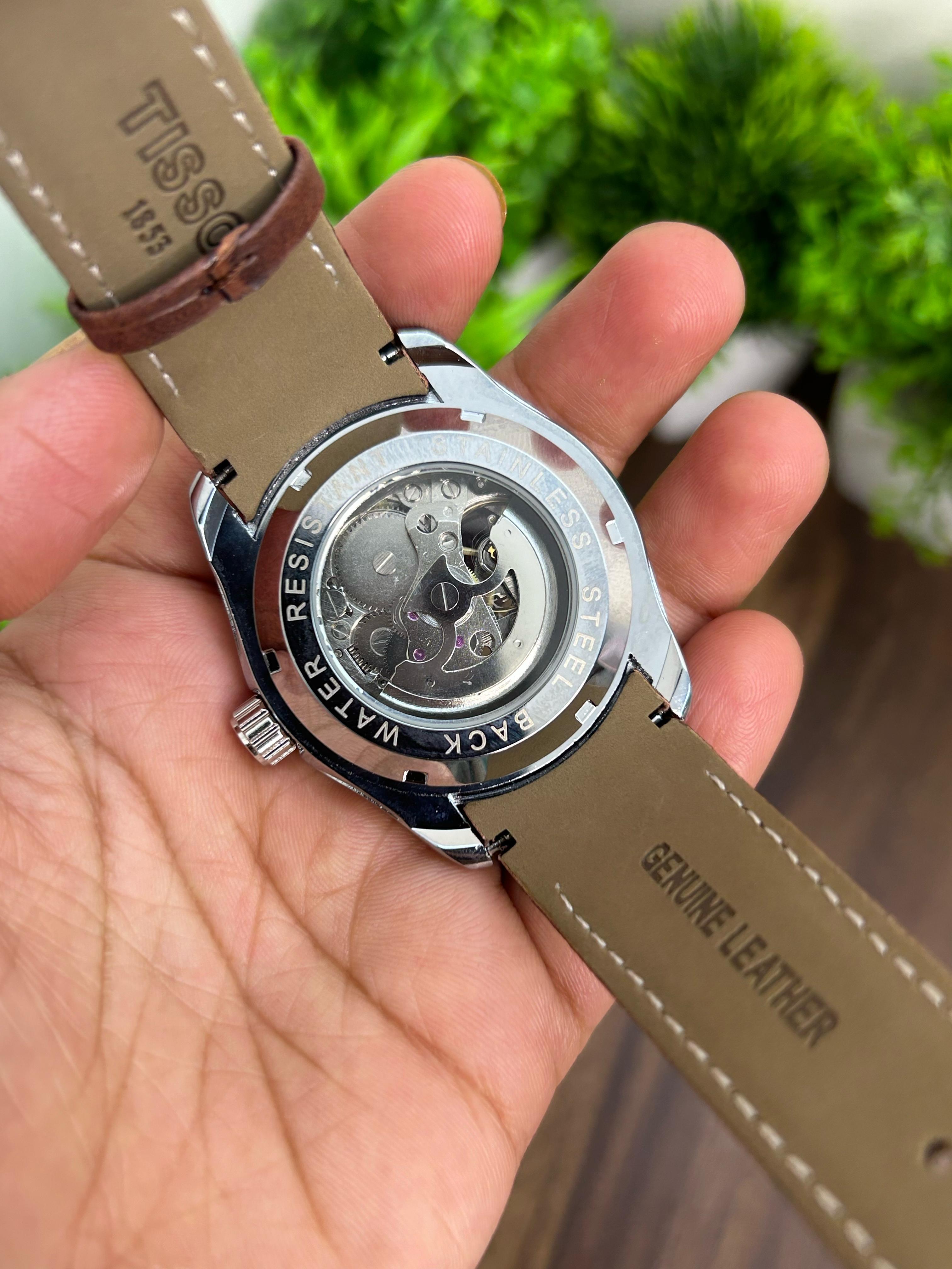 TISSOT AUTOMATIC, SILVER WITH BROWN STRAP
