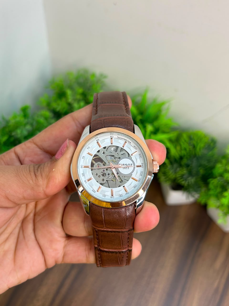 TISSOT AUTOMATIC SKELETON, WHITE WITH BROWN STRAP