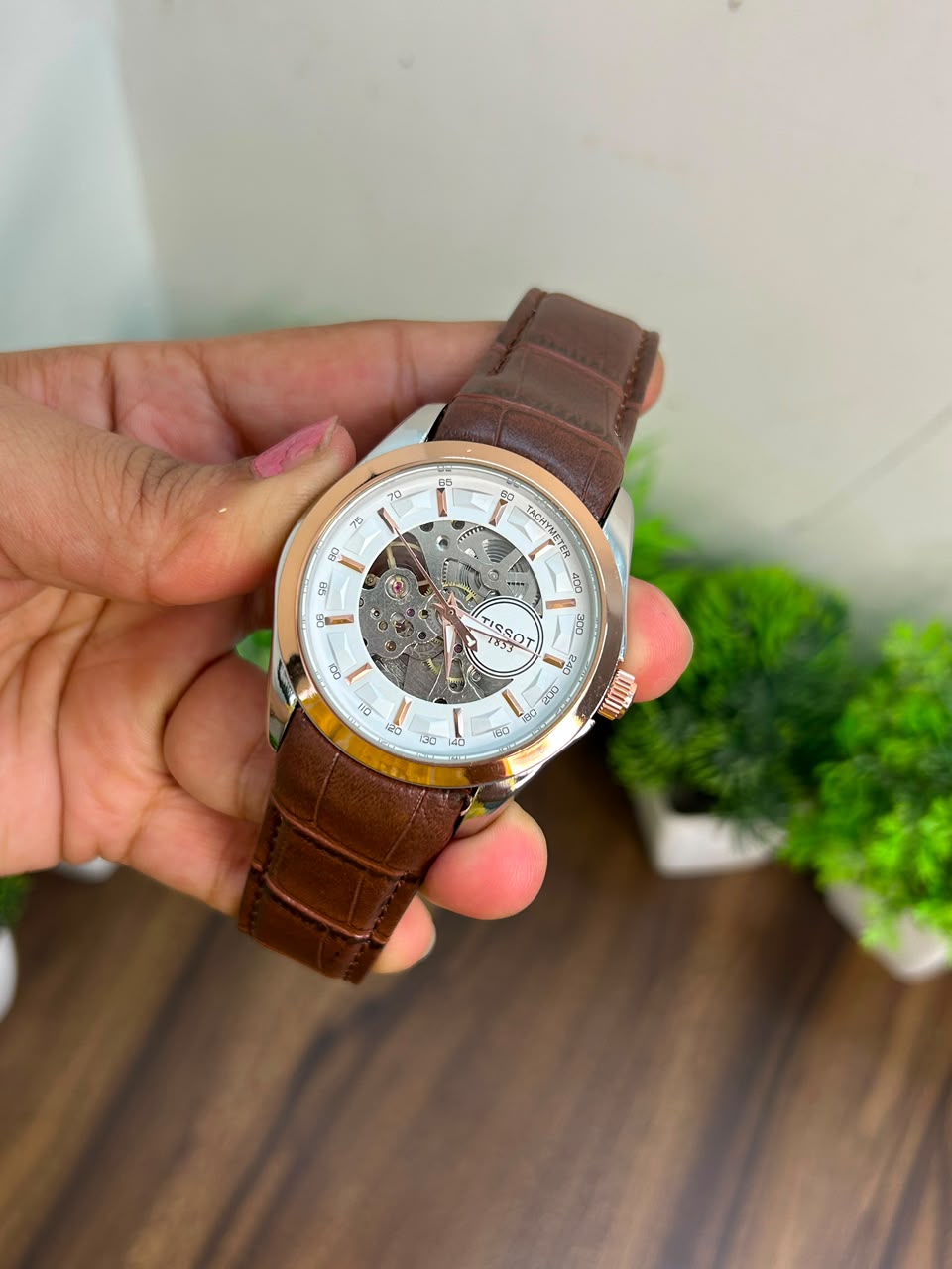 TISSOT AUTOMATIC SKELETON, WHITE WITH BROWN STRAP