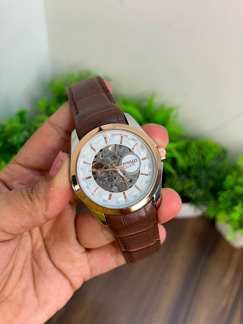 TISSOT AUTOMATIC SKELETON, WHITE WITH BROWN STRAP