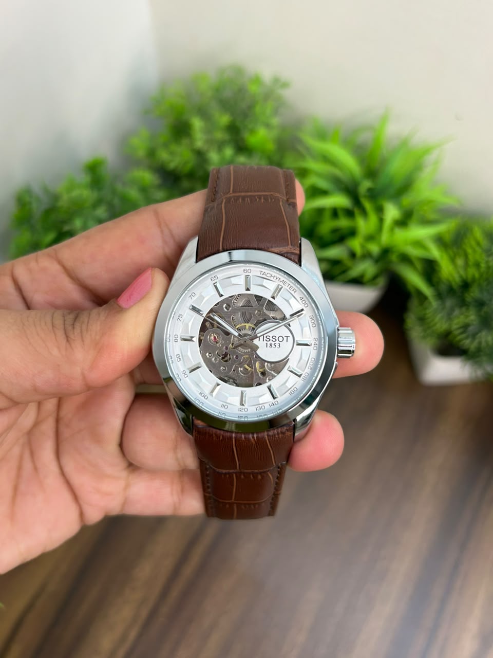 TISSOT AUTOMATIC, WHITE WITH BROWN STRAP
