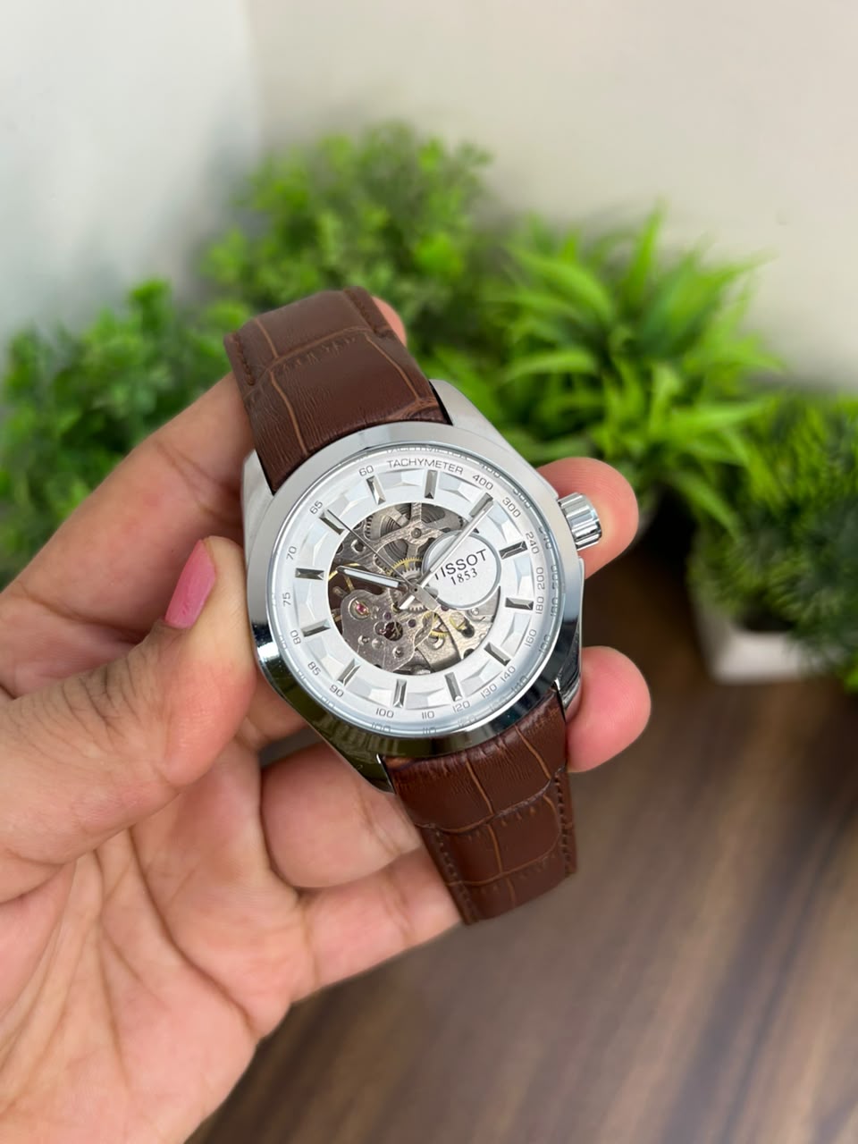 TISSOT AUTOMATIC, WHITE WITH BROWN STRAP