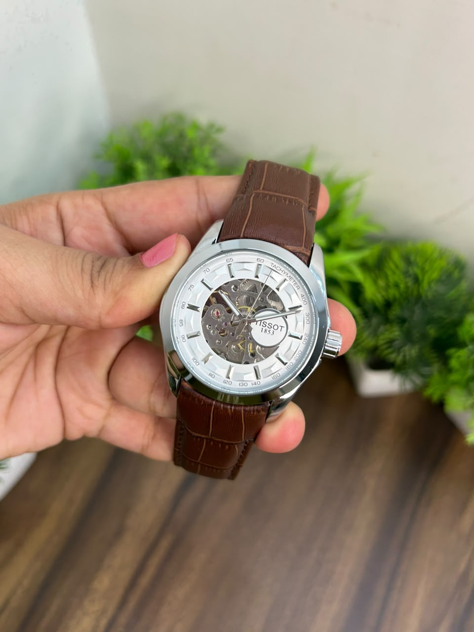 TISSOT AUTOMATIC, WHITE WITH BROWN STRAP