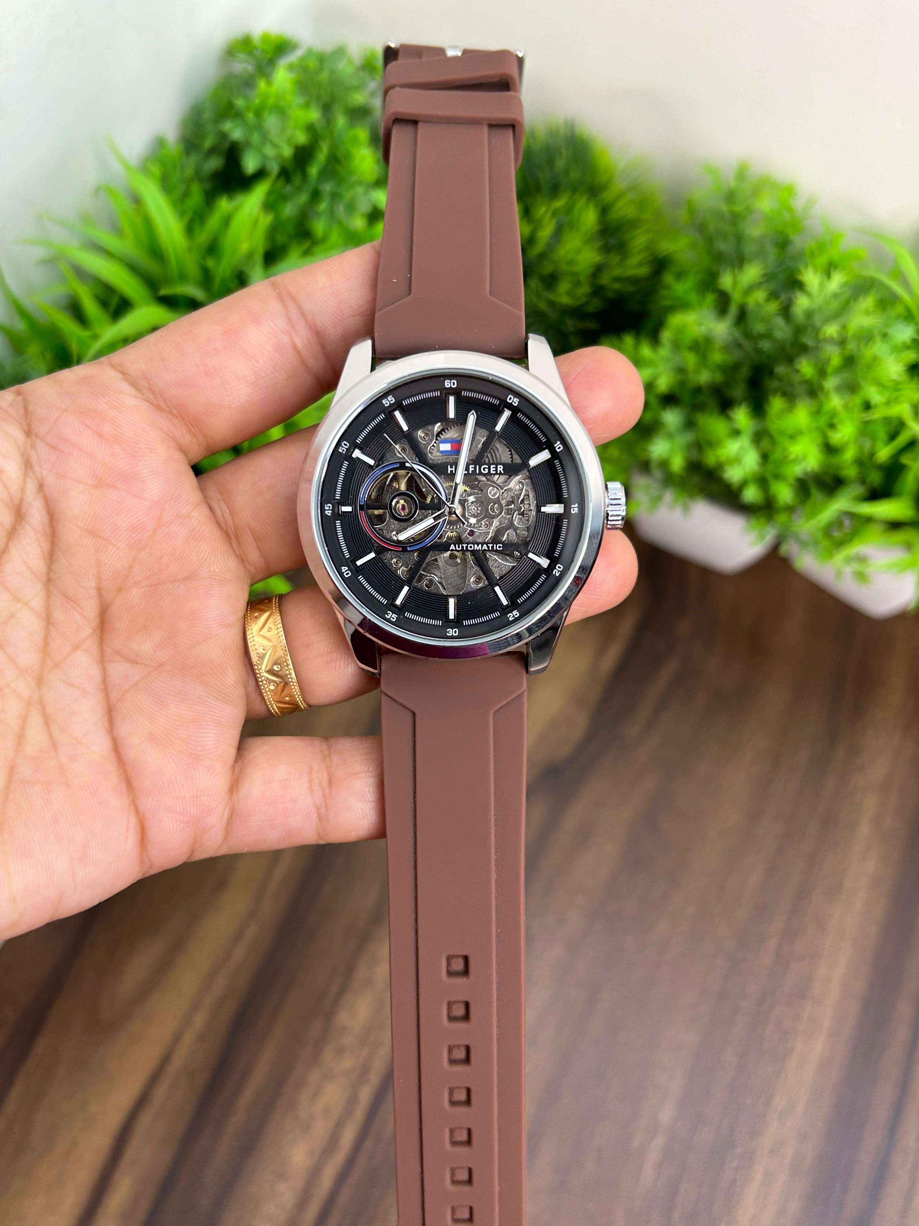 TOMMY AUTOMATIC, SILVER WITH BROWN SILICON STRAP