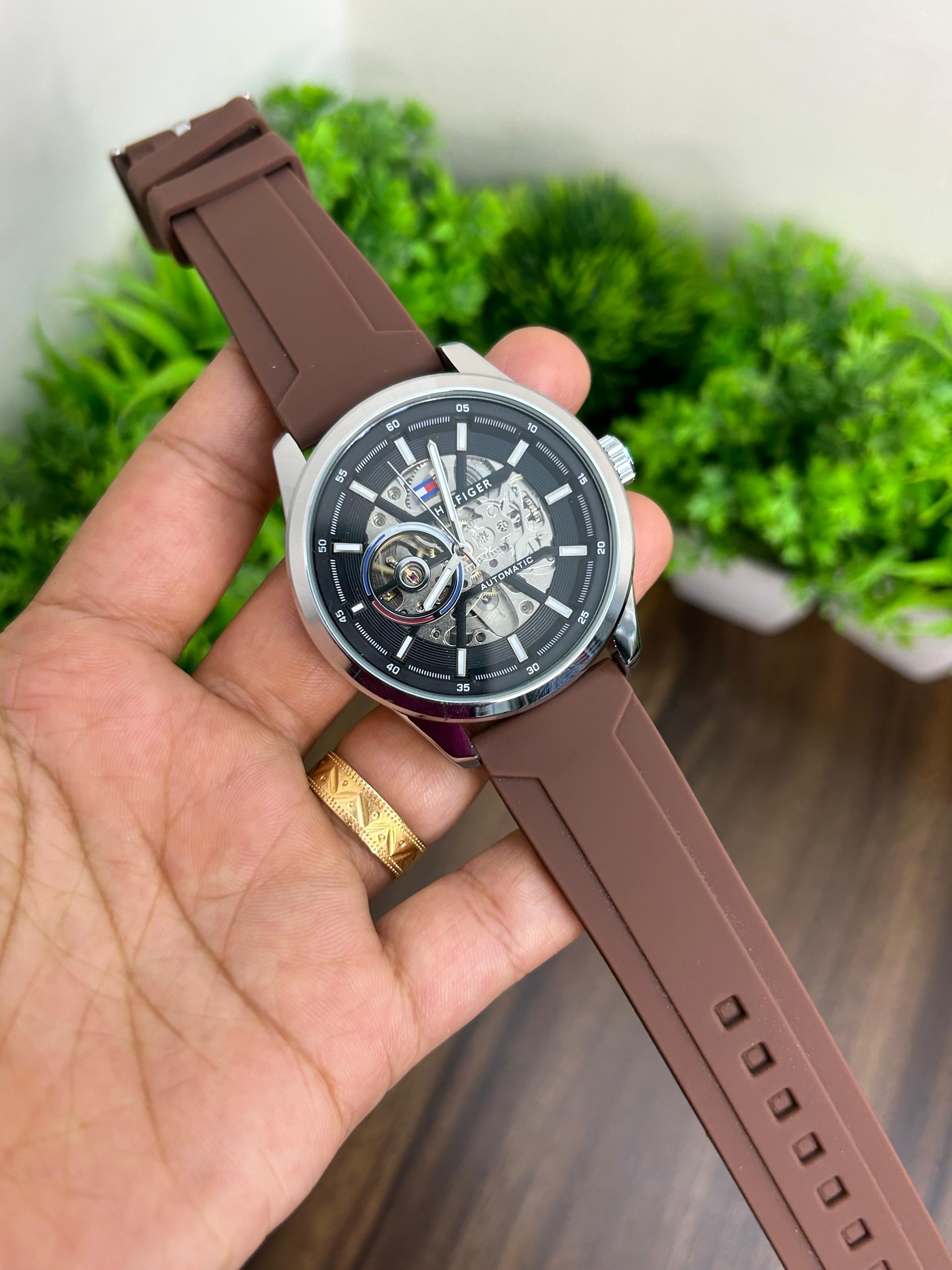 TOMMY AUTOMATIC, SILVER WITH BROWN SILICON STRAP