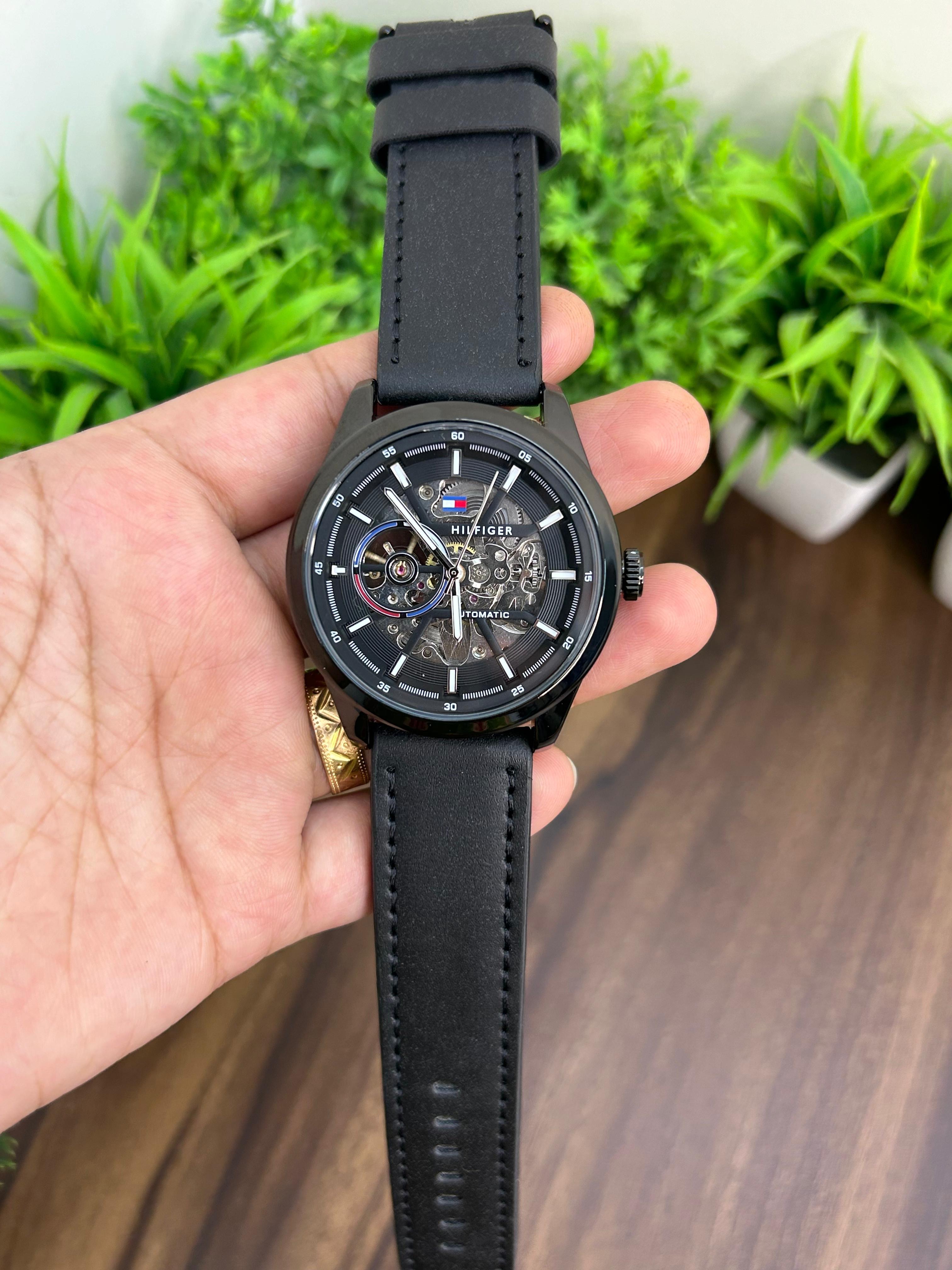 TOMMY HILFIGER AUTOMATIC ALL BLACK LEATHER STRAP