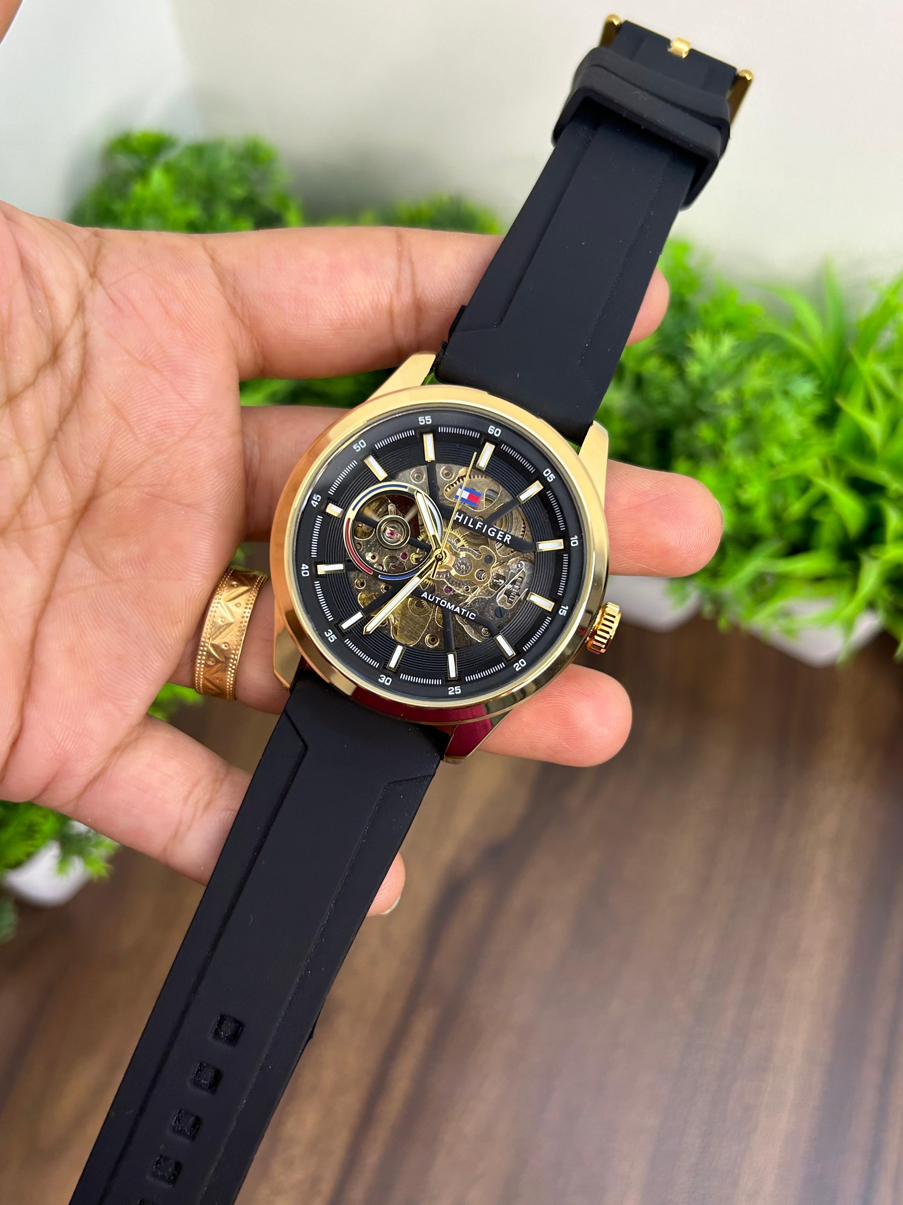 TOMMY HILFIGER AUTOMATIC, GOLD WITH BLACK STRAP